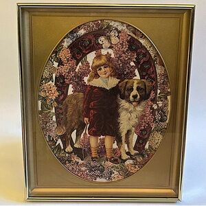 Vintage Framed Art Victorian Girl with St. Bernard Dog Gold Oval Matted